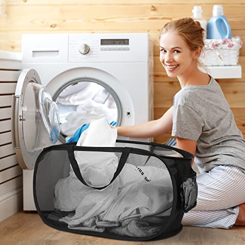 Image of Durable Collapsible Laundry Baskets, Mesh Pop Up Laundry Hamper with Side Pocket, Foldable Clothes Hamper with Reinforced Carry Handles for Laundry, Bathroom, Kids Room, Dorm or Travel 2 Pack Black