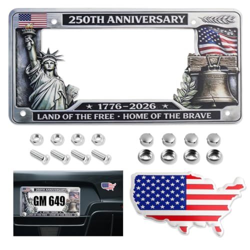 250th Anniversary USA License Plate Frames with with 3D Car Emblem Sticker for 4th of July Decorations US Flag Plates Number Frame for Patriots and History Enthusiasts