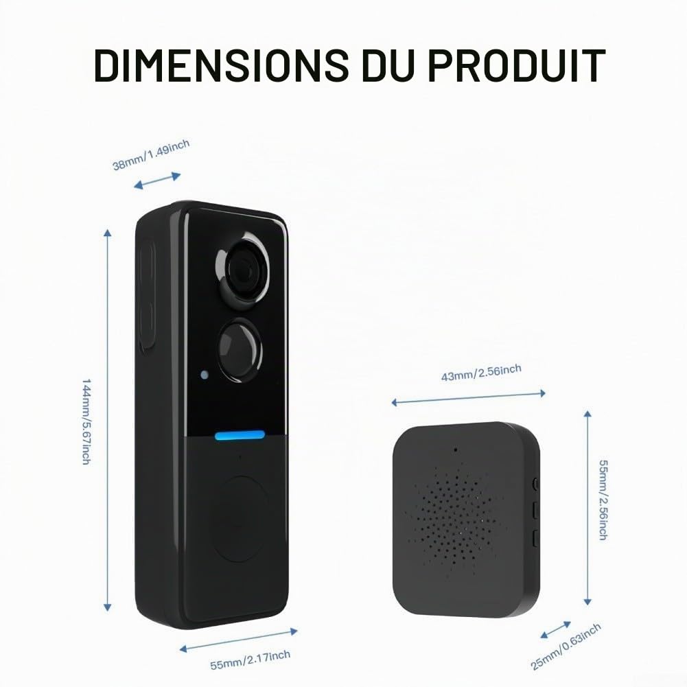 Sonnette de porte vidéo sans fil, interphone vidéo 1080P avec détection de mouvement, caméra de porte avant étanche IP65 avec panneau solaire (Noir)