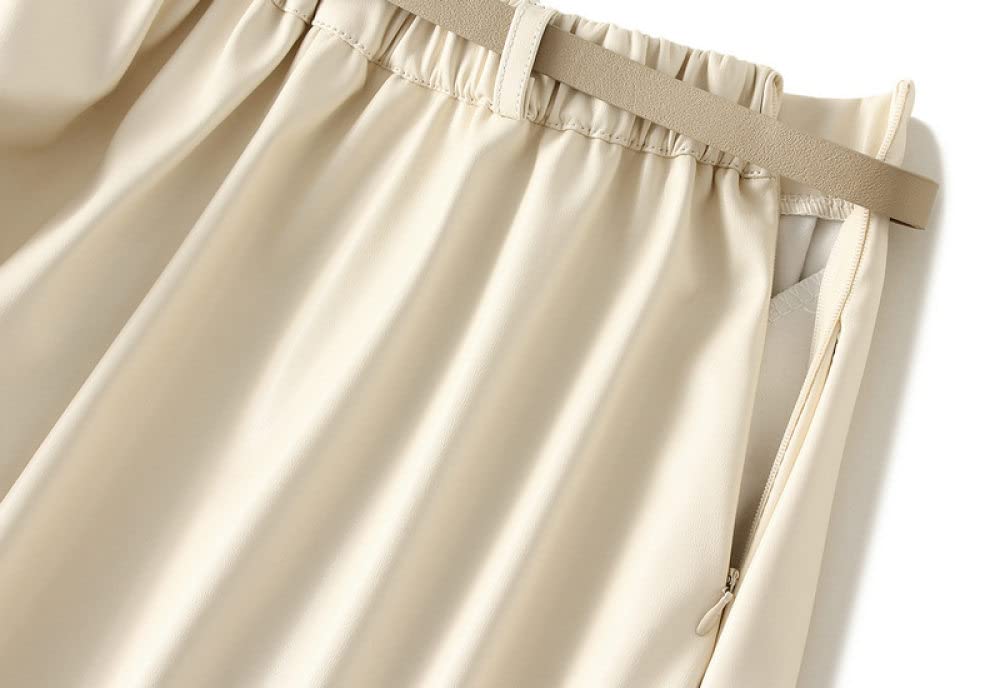 Gonne A Ruota,Gonna Midi da Donna Gonna in Pelle A Pieghe Elastica A Vita Alta Beige con Cerniera Cintura Tasca Gonne Lunghe Moda A-Line Altalena Increspato per Ragazze Signore,S