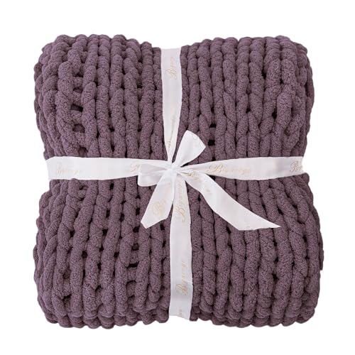 Bigacogo Chunky Knit Throw Blanket for Couch, 40x40 inches, 100% Hand Knitted with Thick Jumbo Chenille Yarn, Cozy Soft Large Rope Knot Cable Crochet Blankets for Sofa Bed Living Room, Winter Grape