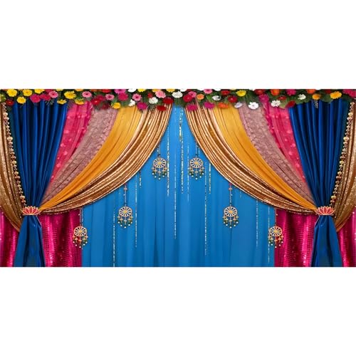 Image of 20x10ft India Style Backdrop Photography Curtain Flower Garland Photography Background India Hindu Wedding Traditional Banner Diwali Pooja Decorations for Bride Couple Portrait Props
