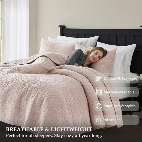 Image of palassio Pink 100% Cotton Quilt Queen Size Bedding Sets with 2 Pillow Shams, Textured Lightweight Soft Bedspread Shabby Chic Coverlet, Quilted Comforter Bed Cover for All Season, 3 Pieces