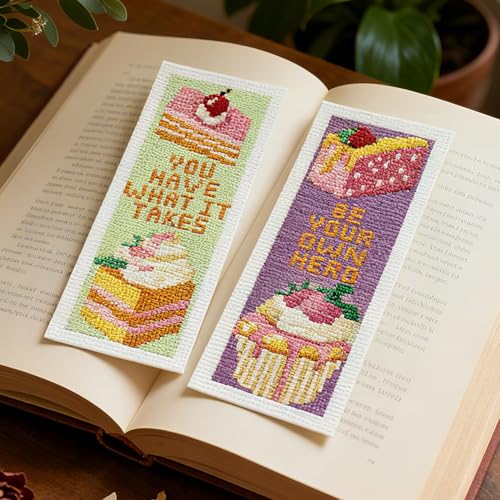 Image of INFUNLY 6PCS Fruit Cake Cross Stitch Bookmark Kit for Adult 3x8.5inch DIY Inspirational Word Embroidery Bookmark Set with Instruction Birthday Cake Counted Cross Stitch Kit for Student Book Lover