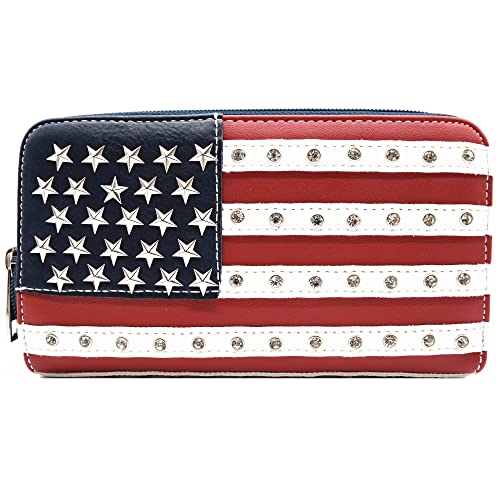 American Flag USA Stars and Stripes Patriotic Leather Purse Women Rhinestone Country Handbag Wallet Set Red White and Blue3