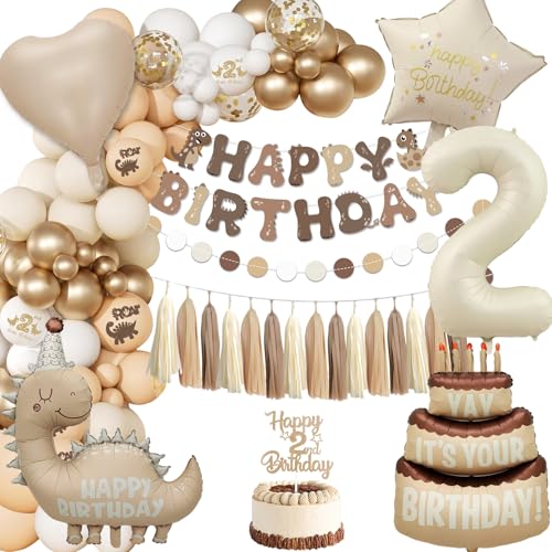 Decoración Cumpleaños Niño Niña 2 Años, Decoracion Cumpleaños Dinosaurios, Globos de Cumpleaños Beige y Oro, Foil Globo 2 Dino Cumpleaños Feliz, Kit Dinosaurio Fiesta Cumpleaños Infantil 2 Años