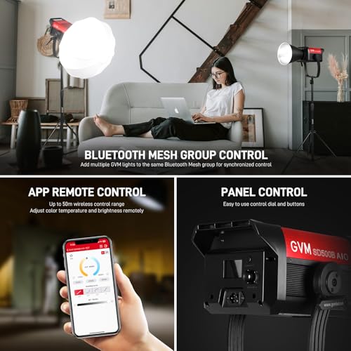 Image of GVM 500W COB LED Video Light, APP Control, Bi-Color Continuous Output Lighting with Bowens Mount, 2700K-6800K, CRI /TLCI97+, 227040lux@1m, 12 Effects & 12 Sources for Studio Photography