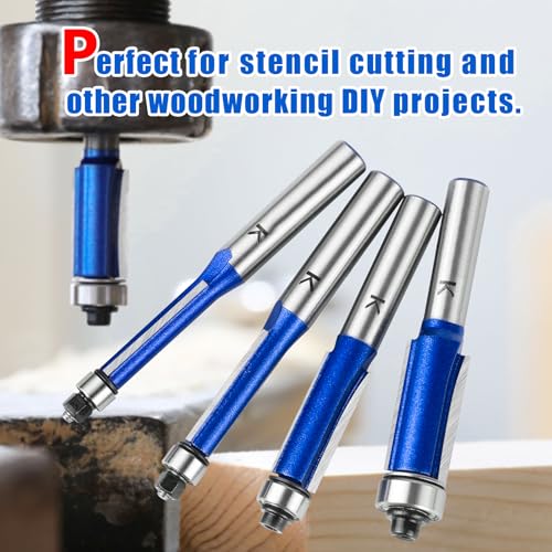 NICAVKIT 4 Stück Bündigfräser 8mm Schaft,Blauer Bündigfräser Fräser Set, Doppelseitiger Fräser mit Lagern,für Holz, Ø 6,35mm,Ø 8mm,Ø 9,5mm,Ø 12,7mm, Arbeitslänge 25 mm