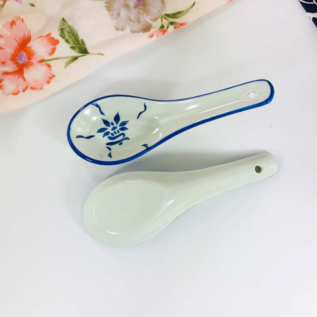 Cucharas soperas Chinas, cucharas de cerámica, cucharas soperas, cucharas para Aperitivos, Juego de 12 cucharas para Servir, patrón Azul, largas (5.1 Pulgadas)