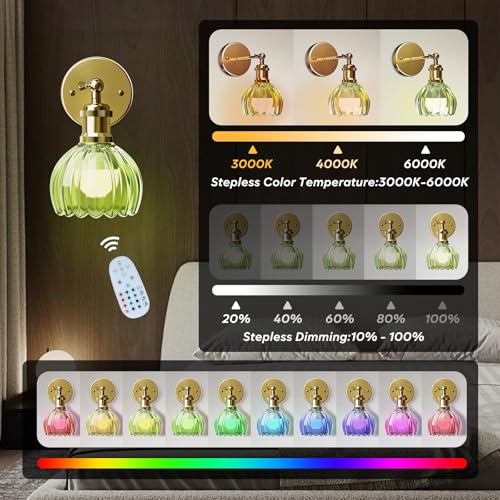 Image of Vintage Green Tulip Glass Wall Sconce - 5000mAh Rechargeable Battery Operated, Wireless w /Remote | No Wiring Needed for Bedroom, Hallway, Entryway (Set of 2)