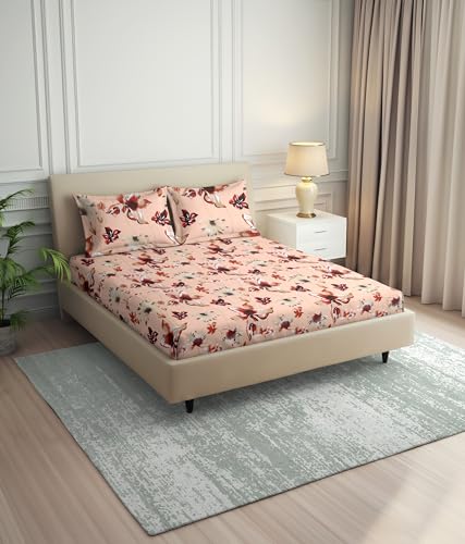 KAARIGIRI Glace Cotton Flat Bedsheet King Size | 300 TC Cotton Feel | Cooling & Wrinkle Free | Printed Double Bed Bedsheet with 2 Pillow Covers | Fits up to 8 Inch Mattress (Flat, Peach)