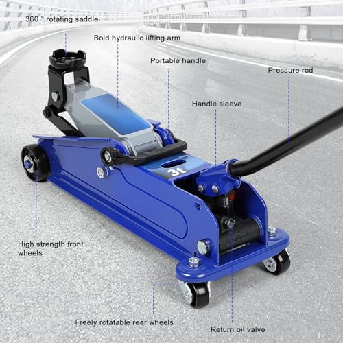 3 Ton Car Jack, Hydraulic Low Profile Trolley Jack, Heavy Duty Fast Lift Floor Jacks With Wheels, Lifting Range 5"-15.2", 6600LBS Capacity (Blue) - 7