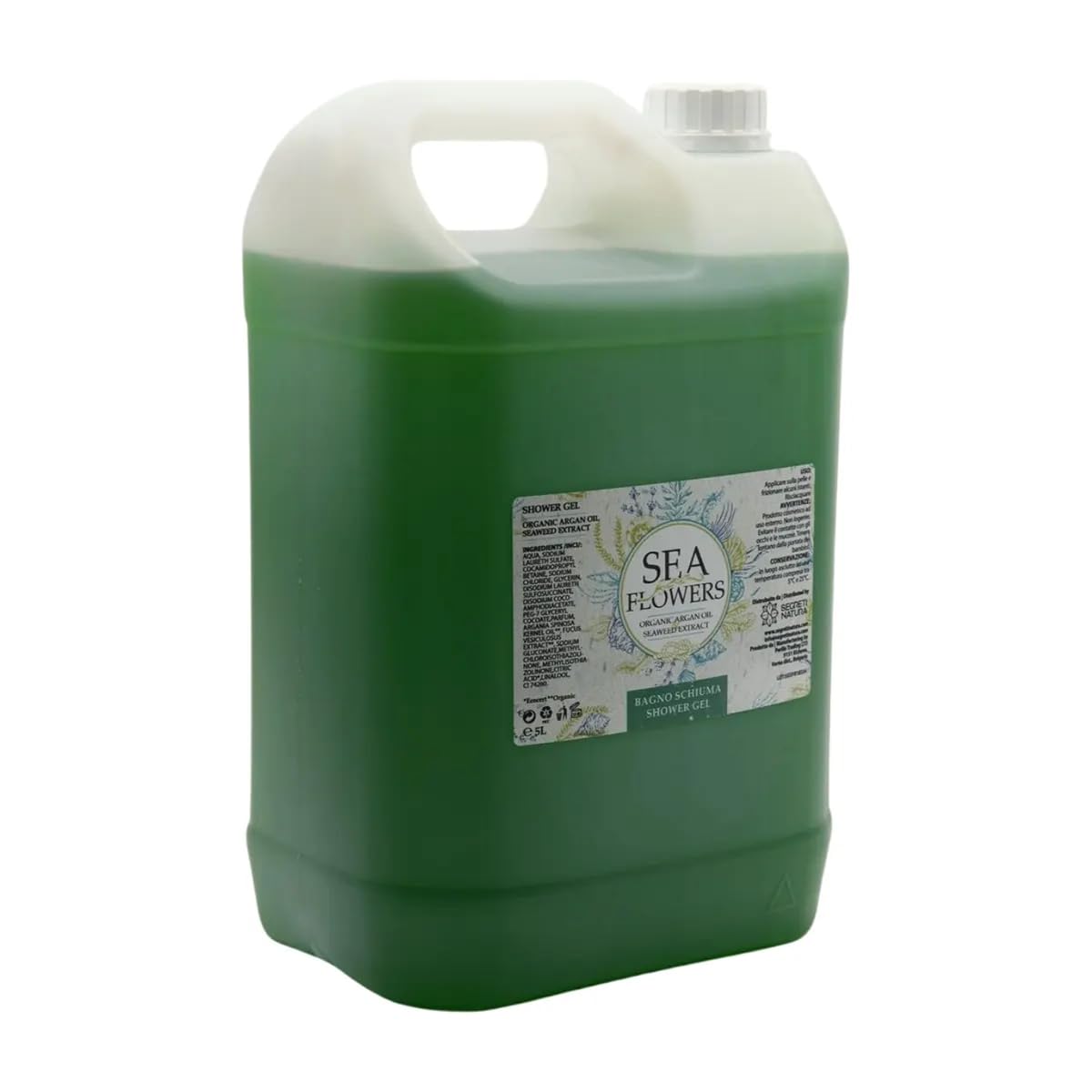Bagnoschiuma in tanica da 5L linea cortesia Sea Flowers per hotel e b&b, ricarica bagnoschiuma con fragranza di argan bio ed estratti di alghe di mare