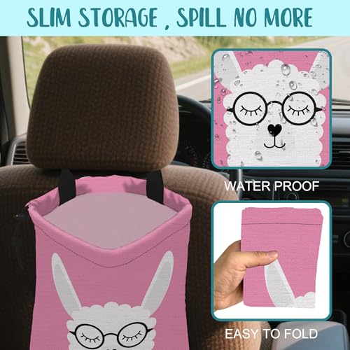 Image of Car Garbage Bag Cute White Alpaca in Glasses Drawstring Car Trash Bag Hanging for Back Seat with Adjustable Buckle Canvas Vehicle Trash Can Easy-to-Install