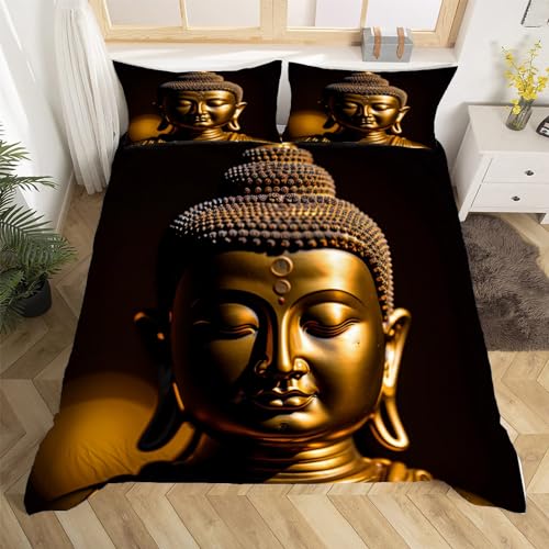 Housse de Couette 200x200 Zen Bouddha Statue de Bouddha Parure de Lit 2 Personnes en Microfibre pour Adulte Ado Enfant avec Fermeture Éclair et 2 Taies...