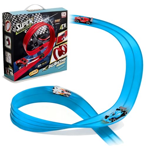 Balakaka Pista de Coches Flexible y Enrollable 4m, Flexible Car Track DIY con 4 Coches para Saltos Rampas, Pista de Coches con Ventosas Juguete Regalo Niño 3+