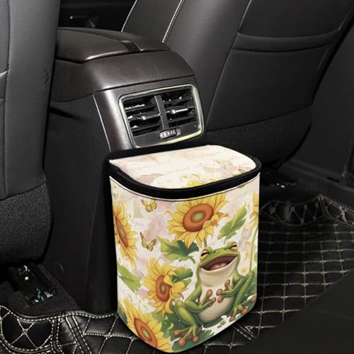 Image of Talayituse Frog Sunflower Butterfly Print Car Trash Bin, Large Size Auto Trash Can Adjustable Portable Garbage Can with Lid, Vehicle Hanging Bag for Headrest Front Back Seat