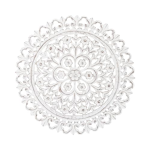 Image of JFY Designs Donna Hand Carved Wood Medallion Wall Panels Bedroom Decor | Wall Mount Floral Sculpture Wall Art for Living Room, Bedroom Set, White Distressed Finish, Round 24 x 24 inch