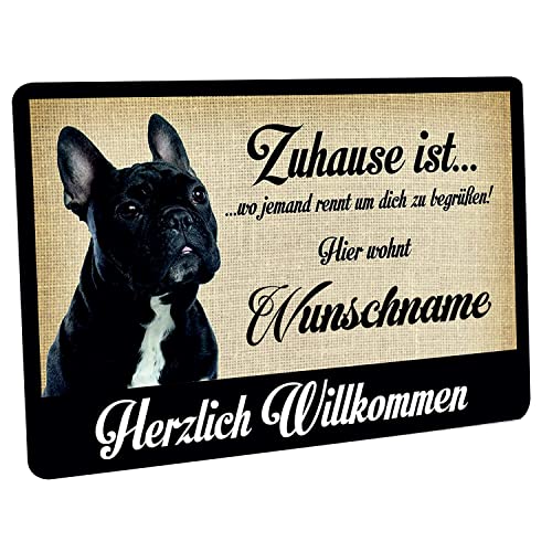 Crealuxe Fussmatte Französische Bulldogge Zuhause ist wo jemand rennt um Dich zu begrüßen - (Wunschname/Wunschtext) - Fussmatte Bedruckt Türmatte Innenmatte Schmutzmatte