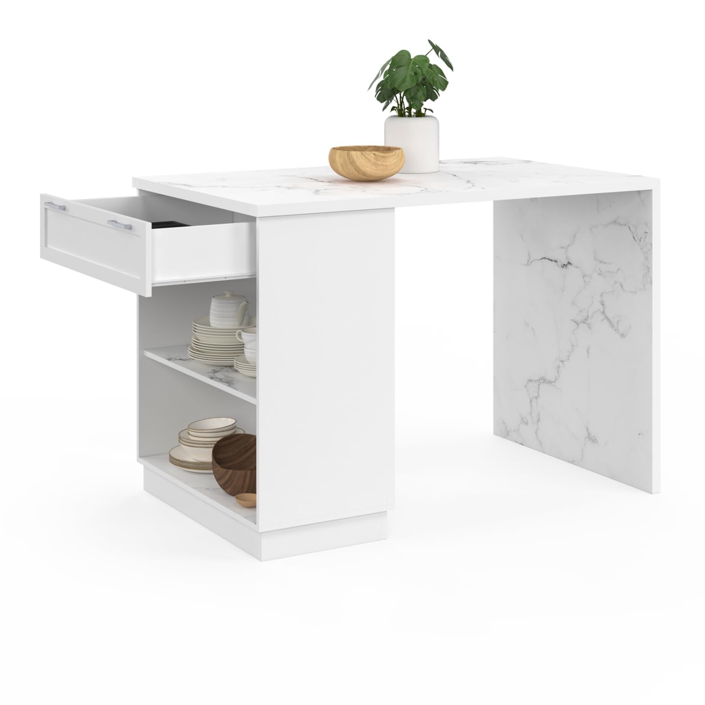 IDMarket - Ilot Central Mange-Debout 4 Personnes VITO 130 cm Blanc et Plateau marbre Alaska