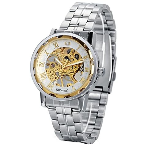 JewelryWe Golden Skeleton Dial Hand-Wind Mechanical Mens Stainless Steel Watch Cover