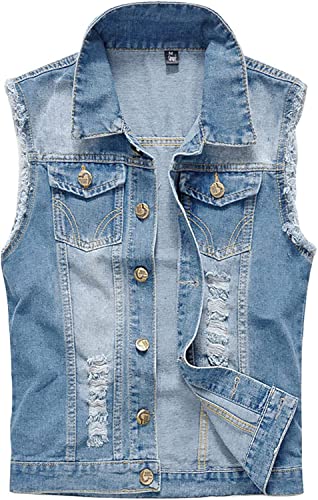 Image of Lazutom Men's Sleeveless Denim Vest Casual Slim Fit Ripped Classic Button Down Jean Jacket