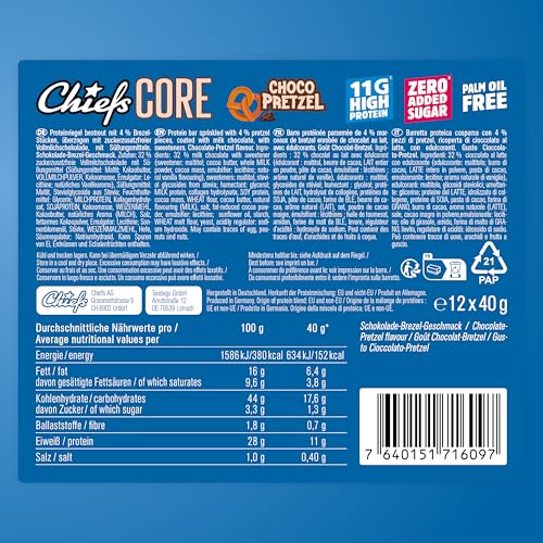 CHIEFS Creamy High Protein Riegel - süß-salziger Schokolade Brezel Geschmack - 12er Box - 11g Protein - perfekter Snack ohne Zuckerzusatz - kalorienarm & low sugar - Eiweißriegel ohne Palmöl 5