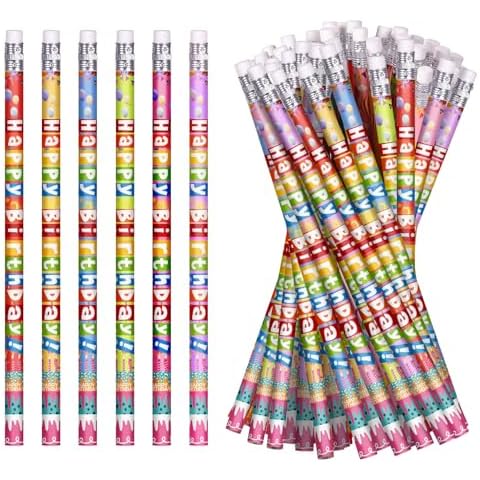 emzrivo 48 Pcs Happy Birthday Pencils Colorful Birthday Pencil for Students Wooden Pencils with Erasers Birthday Pencils for Teacher Classroom Reward Birthday Party Supplies, 6 Style(48) Cover