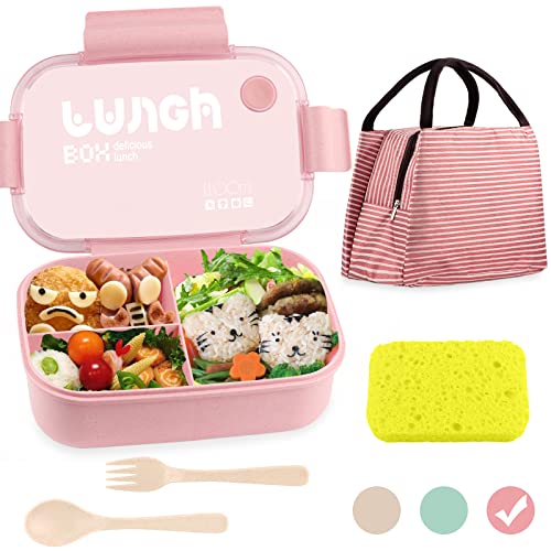 Bento Lunch Box Container with Lunch Bag, HSYTEK Japanese Bento Box Set for Adults Kids, Leakproof Bento Containers with 3 Compartments, Pink Bento Box with Utensil, Microwave Safe Bento Box, BPA Free
