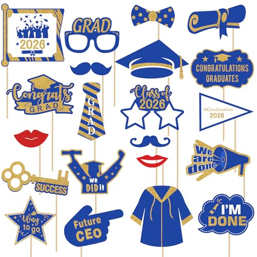Avezano Graduation Photo Booth Props 21pcs Graduations Picture Props 2026 for Photoshoot Grad Photo Props for Photobooth Class of 2026 Party Decorations Set Party Favors Supplies (Blue and Gold)