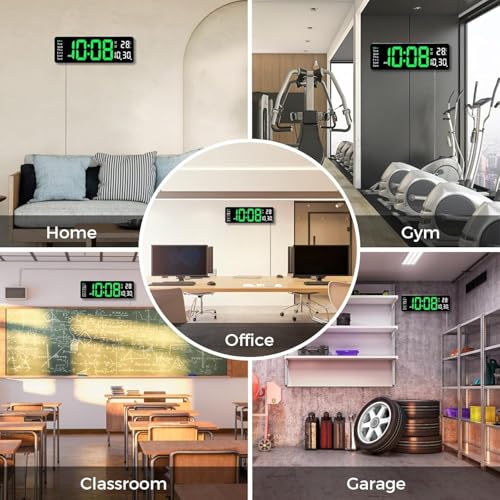 Image of 15-Inch Digital Wall Clock with Large LED Display - Remote Control, Auto-Dimming, Night Light, Date, Day, Temperature, DST Function - Ideal for Living Room, Bedroom (Green & White)