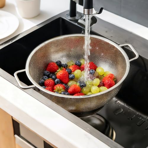JIDSPWLS 304 Stainless Steel Colander, Micro-Perforated 3-Quart Strainer with Base, Dishwasher Safe. Great for Pasta, Noodles, Vegetables & Fruits - Thumbnail 4