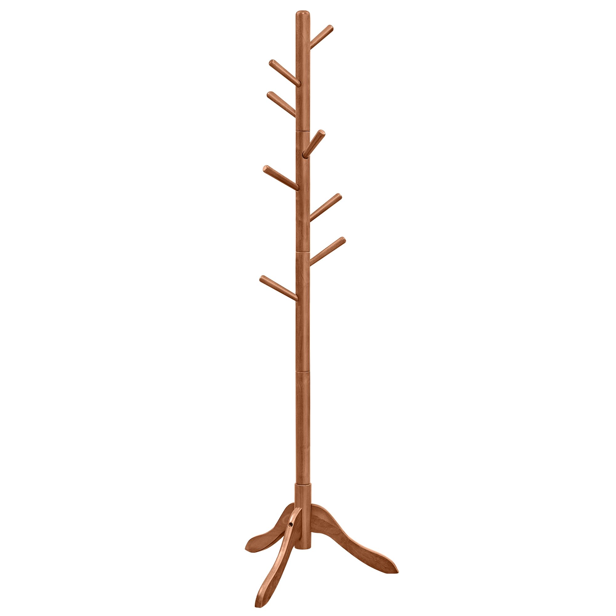 VASAGLE Solid Wood Coat Rack, Free Standing Tree-Shaped Coat Rack with 8 Hooks, 3 Height Options, for Clothes, Hats, Bags, Living Room, Bedroom, Home Office, Caramel Brown URCR01WN