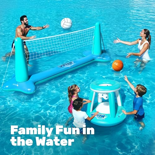Image of JOYIN Inflatable Pool Float Set Volleyball Net & Basketball Hoops, Floating Swimming Game Toy for Kids and Adults, Summer Floaties, Volleyball Court (105 inchx28 inchx35 inch)|Basketball (27 inchx23 inchx27 inch),L-Blue