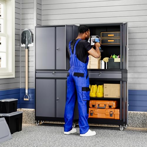 Image of Yizosh Metal Garage Storage Cabinet with Locking Doors and Adjustable Shelves, -73 inch Steel Rolling Tool Storage Cabinet with 4 Wheels and 1 Drawer for Garage,Office,Warehouse