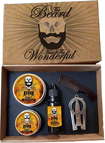 Juego de cuidado y peinado para barba. Bálsamo para barba, aceite para barba, cera para bigote, mini peine y tijeras