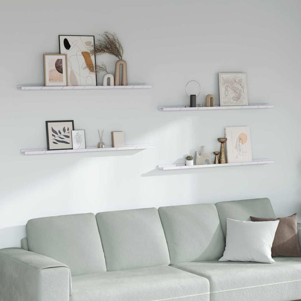 Juego de 4 estanterías de pared con aspecto de mármol blanco, estantes flotantes de madera, estantes decorativos de pared para salón, pasillo y oficina, 115 x 9 x 3 cm