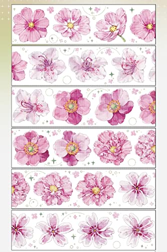 misakinoya マスキングテープ 特殊インク 美し 花 景色 建物 風景 マステ シール 極大 透明pet テープ 広幅 (ピンクの花-銀)