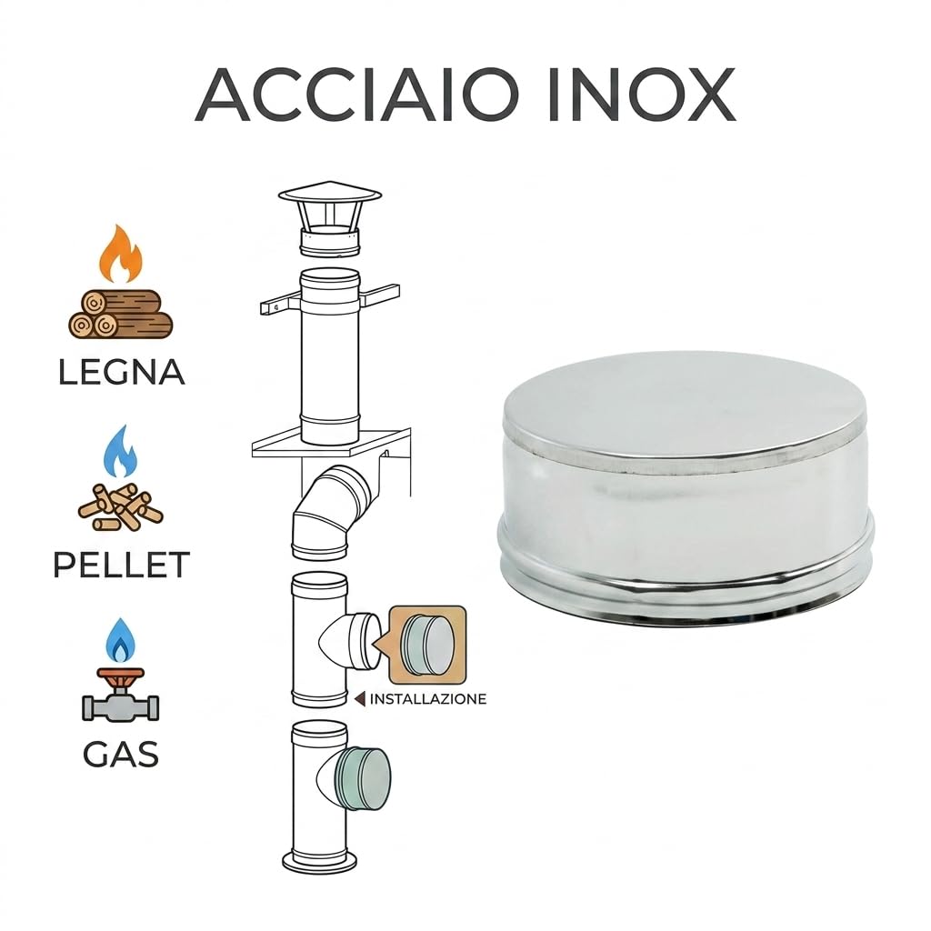 MAKA Tappo Cieco per Canna Fumaria in Acciaio Inox, Chiusura Terminale Tubo Fumo Monoparete (Ø 250 mm, AISI 304)