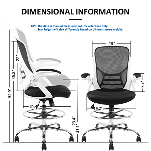 Image of HYLONE Drafting Chair, Tall Office Chair Mesh Standing Desk Stool with Adjustable Foot Ring, Flip-Up Arms, White & Black