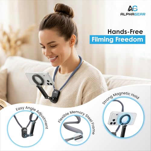 Image of ALPHAGEAR Magnetic Neck Phone Holder for Video Recording, Hands-Free POV Vlog Mount, Magnetic Phone Neck & Chest Stand for Selfies, Content Creation & Live Streaming.