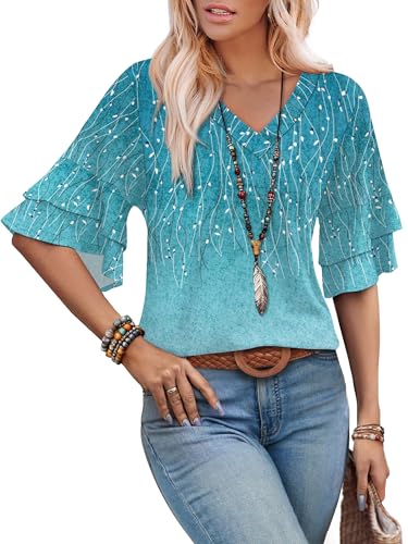 Image of OFEEFAN Spring Tops for Women Boho Shirts Fashion Clothing Cute 3 /4 Length Sleeve Blouses Dressy Casual Summer Outfits
