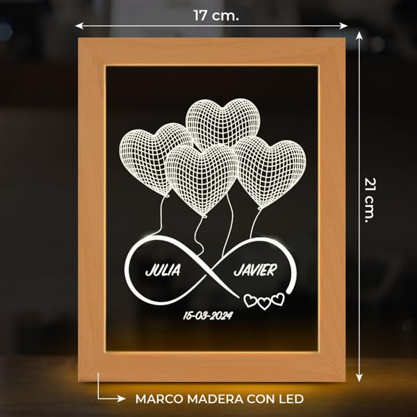 Transparent Gift Lámpara Personalizada con Nombres y Fecha Infinito Corazones. Lámparas Personalizadas con Luz LED. Regalos para Parejas. Regalos Personalizados para San Valentín. Regalos para Bodas
