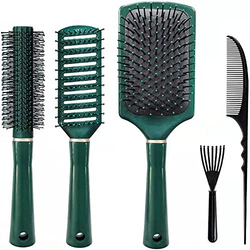 5Pcs Paddle Hair Brush,Detangling Brush and Hair Comb Set for Men and Women Wet Dry Thick Curly Hair. (Green)