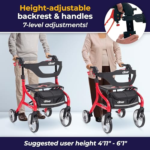 Drive Medical Nitro Sprint Foldable Rollator Walker with Seat - Lightweight Support - Large Wheels - Compact Folding Design - Adjustable Comfort - Standard Size - Red - Image 4