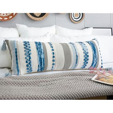 PANOD Boho Long Lumbar Throw Pillow Cover 14 x 36 Blue, Chenille Morocan Extra Long Pillow Case Cover, Decorative Long Pillow for Bed Couch Sofa Farmhouse Cover