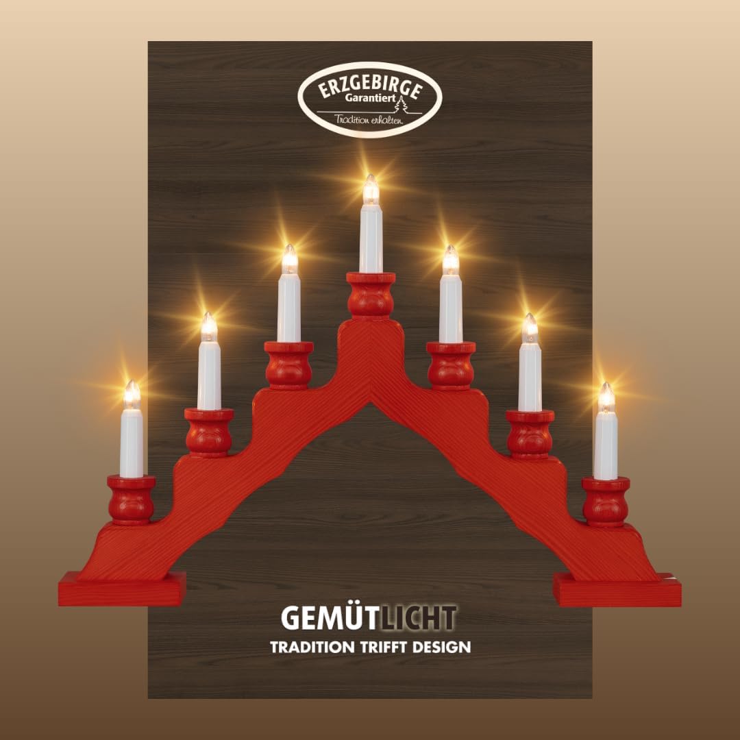 LED Swedish Candlestick from The Ore Mountains I Trendy Swedish Red I Christmas Candle Arch I 7 Candles + 1 Spare Candle I 7 x 16 V, 0.2 W, E10 I Christmas Decoration I German Erzgebirge