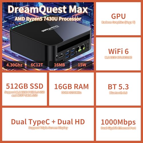 Image of DreamQuest Mini PC Windows11 Pro Pre-Load, AMD Ryzen 5 7430U (Up to 4.3GHz,6C /12T),16GB DDR4 512GB M.2 SSD Mini Desktop Computers, Dual HDMI 4K@60Hz / LAN, Type-C, WiFi 6, BT 5.3 for Home Business