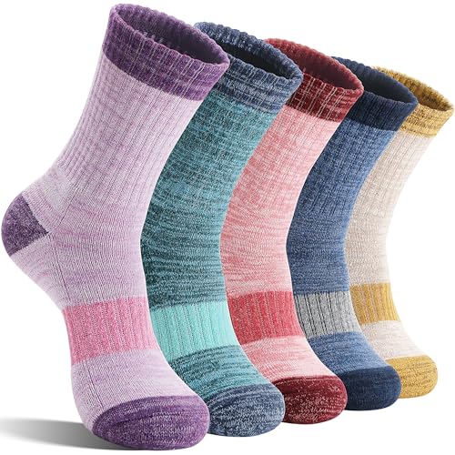 Merino Wool Hiking Socks Thermal Warm Winter Cozy Cushioned Moisture Wicking Crew Socks for Women 5 Pairs