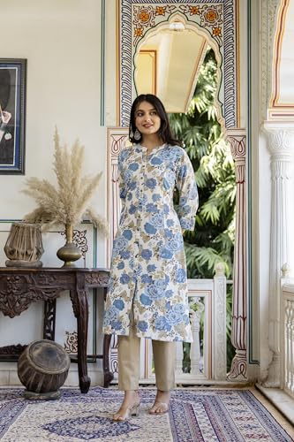 Image of Pistaa's Women Printed Mandarin A-Line Cotton Kurta With Palazzos